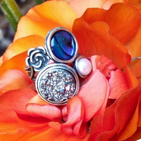 Vintage Sterling Silver Kyanite & Pearl Modern Abstract Ring- 7 - Picture 3 of 5